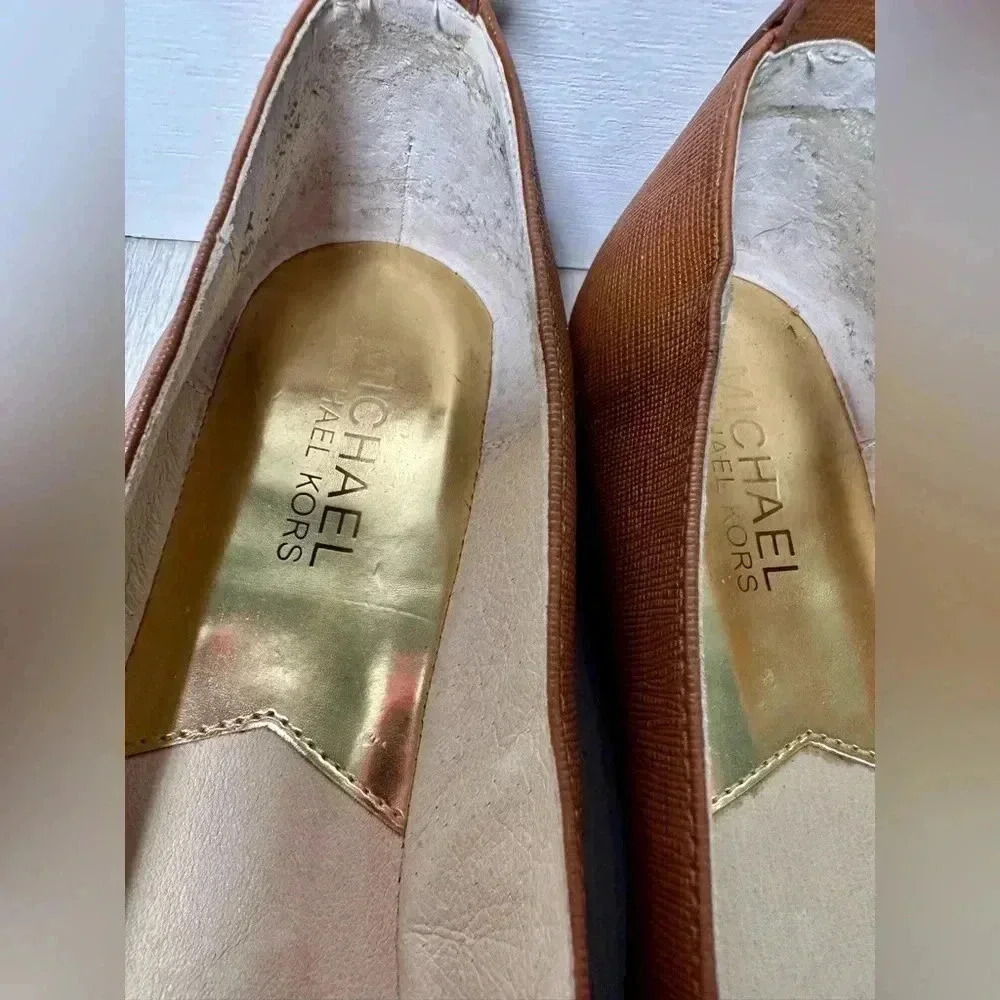 Michael Kors Women Brown Leather Ballet Flats Lock Logo MK Accent Size 8M - Picture 4 of 8